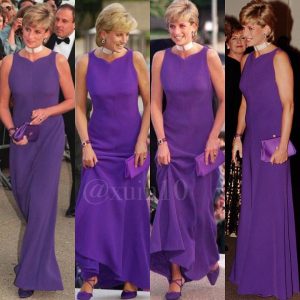 Princess Diana in Chicago in 1996 wearing a purple dress by Versace